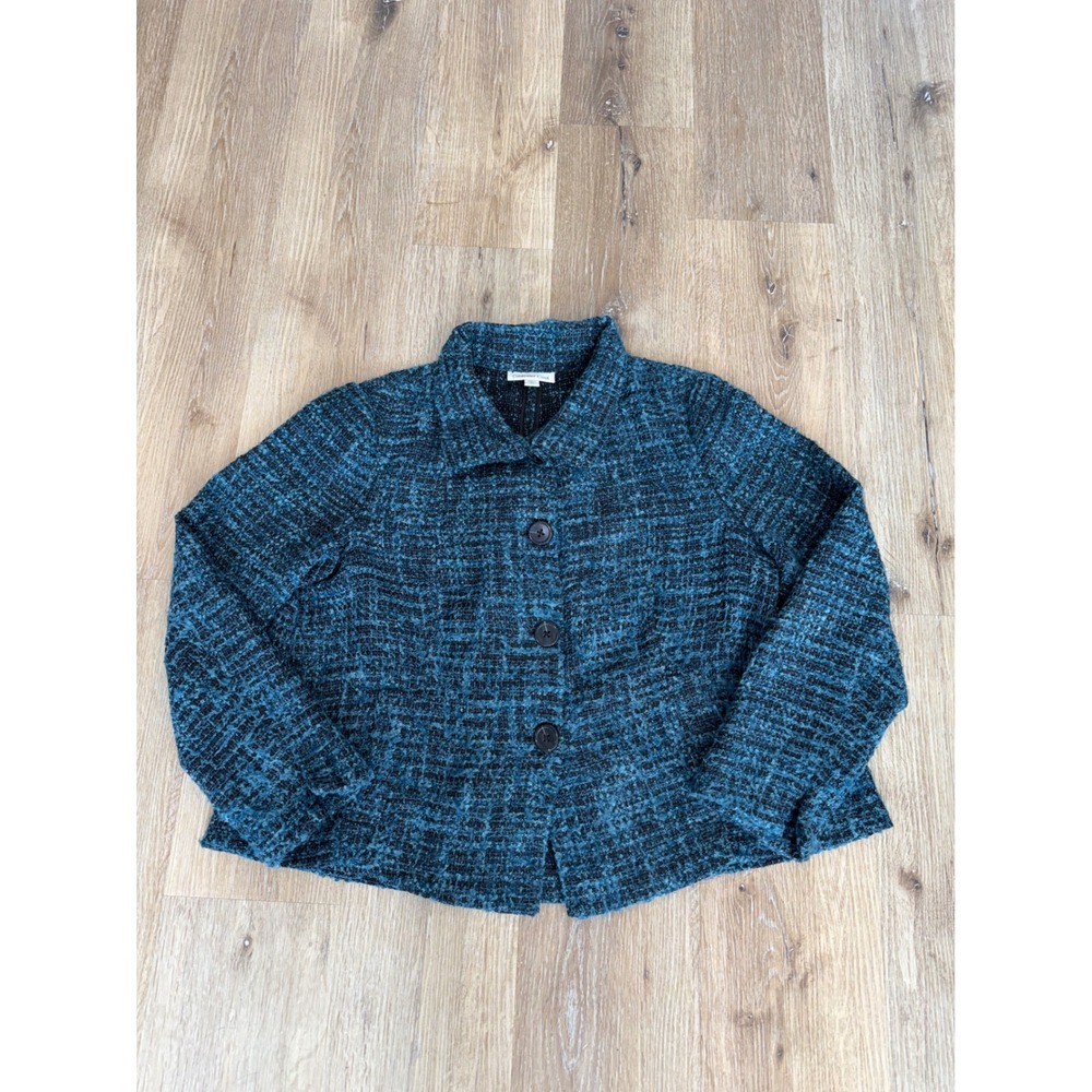 Coldwater Creek Minimalist Boucle Tweed Jacket Women Large Blue Black Textured